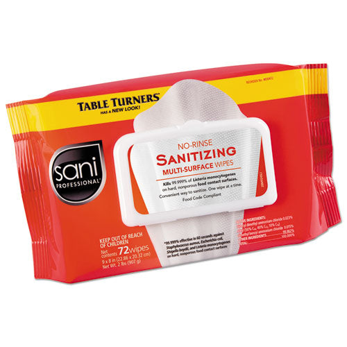 Sani Professional® wholesale. Sani No-rinse Sanitizing  Multi-surface Wipes, 9" X 8", White, 72 Wipes-pk, 12-carton. HSD Wholesale: Janitorial Supplies, Breakroom Supplies, Office Supplies.