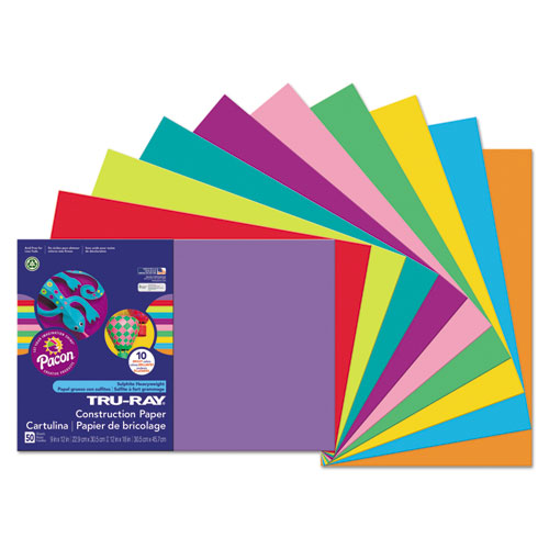 Pacon® wholesale. Tru-ray Construction Paper, 76lb, 12 X 18, Assorted Bright Colors, 50-pack. HSD Wholesale: Janitorial Supplies, Breakroom Supplies, Office Supplies.