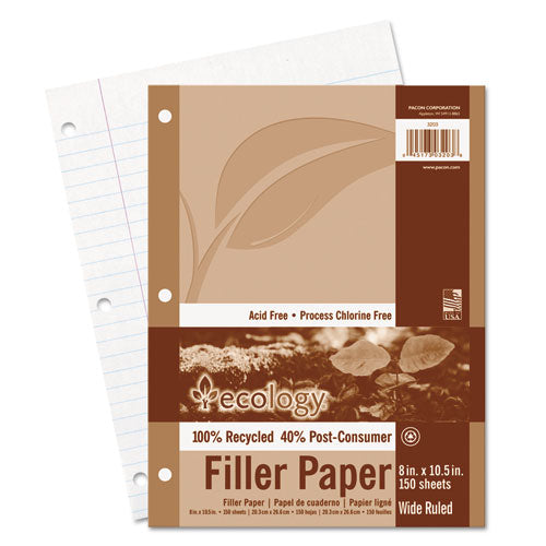 Pacon® wholesale. Ecology Filler Paper, 3-hole, 8 X 10.5, Wide-legal Rule, 150-pack. HSD Wholesale: Janitorial Supplies, Breakroom Supplies, Office Supplies.