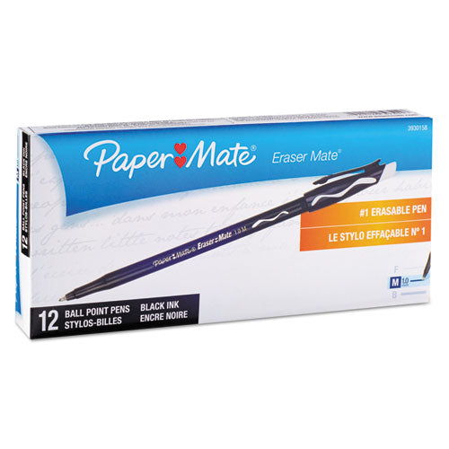 Paper Mate® wholesale. Eraser Mate Stick Ballpoint Pen, Medium 1mm, Black Ink-barrel, Dozen. HSD Wholesale: Janitorial Supplies, Breakroom Supplies, Office Supplies.