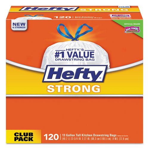 Hefty® wholesale. Strong Tall Kitchen Drawstring Bags, 13 Gal, 0.9 Mil, 24" X 27.75", White, 120-box. HSD Wholesale: Janitorial Supplies, Breakroom Supplies, Office Supplies.