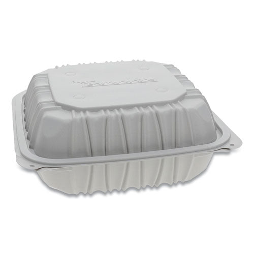 Pactiv wholesale. Vented Microwavable Hinged-lid Takeout Container, 3-compartment, 8.5 X 8.5 X 3.1, White, 146-carton. HSD Wholesale: Janitorial Supplies, Breakroom Supplies, Office Supplies.