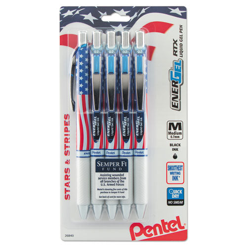 Pentel® wholesale. PENTEL Energel Rtx Retractable Gel Pen, 0.7 Mm, Black Ink, Red-white-blue Barrel, 5-pack. HSD Wholesale: Janitorial Supplies, Breakroom Supplies, Office Supplies.
