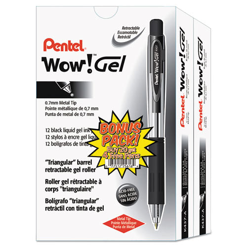 Pentel® wholesale. PENTEL Wow! Retractable Gel Pen, Medium 0.7 Mm, Black Ink, Clear-black Barrel, 24-pack. HSD Wholesale: Janitorial Supplies, Breakroom Supplies, Office Supplies.