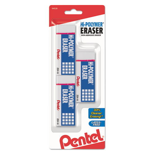 Pentel® wholesale. PENTEL Hi-polymer Eraser, Rectangular, Medium, White, Latex-free Hi-polymer, 3-pack. HSD Wholesale: Janitorial Supplies, Breakroom Supplies, Office Supplies.