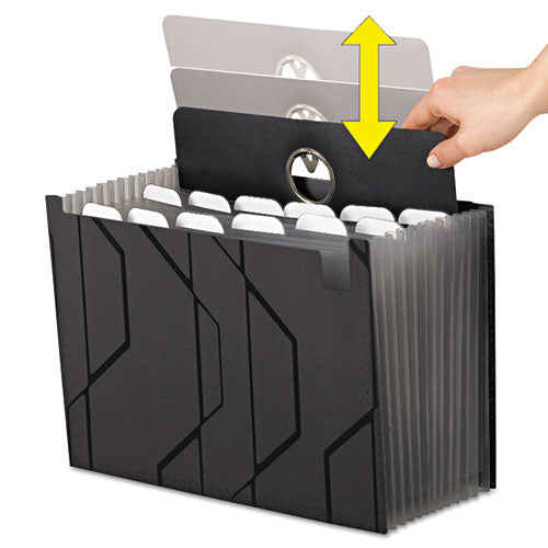 Pendaflex® wholesale. PENDAFLEX Sliding Cover Expanding File, 4" Expansion, 13 Sections, 1-6-cut Tab, Letter Size, Black. HSD Wholesale: Janitorial Supplies, Breakroom Supplies, Office Supplies.