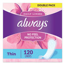 Always® wholesale. Thin Daily Panty Liners, Regular, 120-pack. HSD Wholesale: Janitorial Supplies, Breakroom Supplies, Office Supplies.