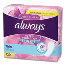 Always® wholesale. Thin Daily Panty Liners, Regular, 120-pack. HSD Wholesale: Janitorial Supplies, Breakroom Supplies, Office Supplies.