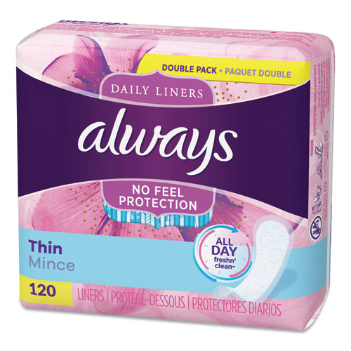Always® wholesale. Thin Daily Panty Liners, Regular, 120-pack. HSD Wholesale: Janitorial Supplies, Breakroom Supplies, Office Supplies.