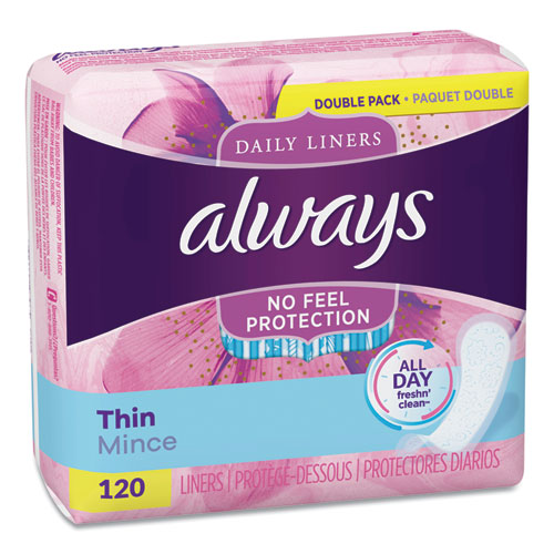 Always® wholesale. Thin Daily Panty Liners, Regular, 120-pack. HSD Wholesale: Janitorial Supplies, Breakroom Supplies, Office Supplies.