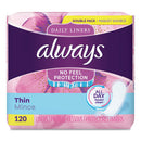 Always® wholesale. Thin Daily Panty Liners, Regular, 120-pack. HSD Wholesale: Janitorial Supplies, Breakroom Supplies, Office Supplies.