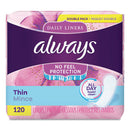 Always® wholesale. Thin Daily Panty Liners, Regular, 120-pack, 6 Packs-carton. HSD Wholesale: Janitorial Supplies, Breakroom Supplies, Office Supplies.