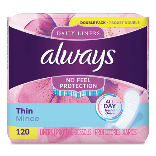 Always® wholesale. Thin Daily Panty Liners, Regular, 120-pack, 6 Packs-carton. HSD Wholesale: Janitorial Supplies, Breakroom Supplies, Office Supplies.