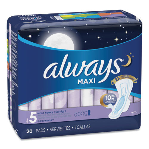 Always® wholesale. Maxi Pads, Extra Heavy Overnight, 20-pack, 6 Packs-carton. HSD Wholesale: Janitorial Supplies, Breakroom Supplies, Office Supplies.