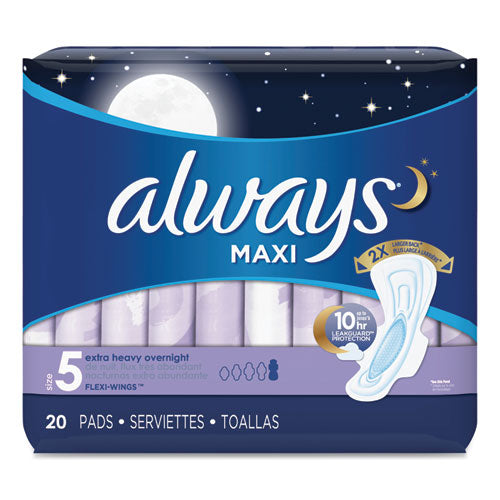 Always® wholesale. Maxi Pads, Extra Heavy Overnight, 20-pack, 6 Packs-carton. HSD Wholesale: Janitorial Supplies, Breakroom Supplies, Office Supplies.