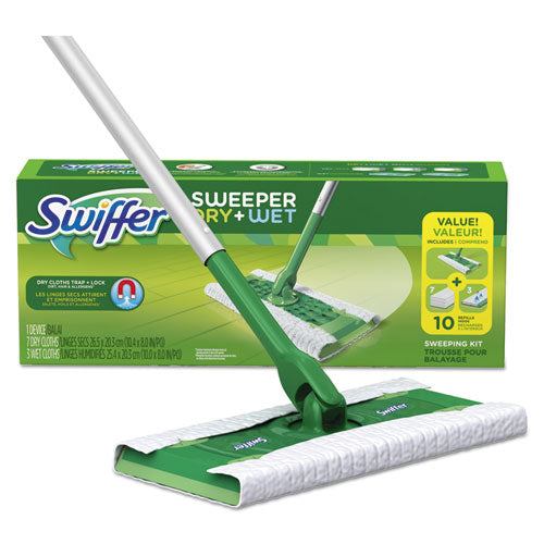 Swiffer® wholesale. Swiffer Sweeper Dry + Wet Starter Kit, 46"handle, 10 X 8 Head, Silver-green, 6-carton. HSD Wholesale: Janitorial Supplies, Breakroom Supplies, Office Supplies.