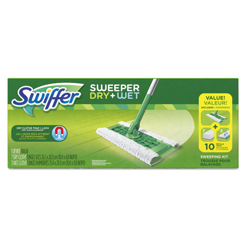 Swiffer® wholesale. Swiffer Sweeper Dry + Wet Starter Kit, 46"handle, 10 X 8 Head, Silver-green, 6-carton. HSD Wholesale: Janitorial Supplies, Breakroom Supplies, Office Supplies.