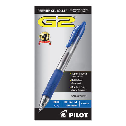 Pilot® wholesale. G2 Premium Retractable Gel Pen, 0.38 Mm, Blue Ink, Clear-blue Barrel, Dozen. HSD Wholesale: Janitorial Supplies, Breakroom Supplies, Office Supplies.