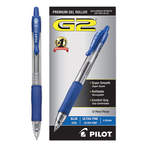 Pilot® wholesale. G2 Premium Retractable Gel Pen, 0.38 Mm, Blue Ink, Clear-blue Barrel, Dozen. HSD Wholesale: Janitorial Supplies, Breakroom Supplies, Office Supplies.