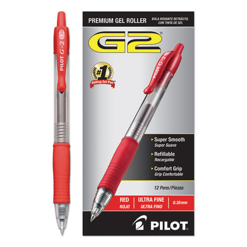 Pilot® wholesale. G2 Premium Retractable Gel Pen, Ultra-fine 0.38 Mm, Red Ink, Clear-red Barrel. HSD Wholesale: Janitorial Supplies, Breakroom Supplies, Office Supplies.