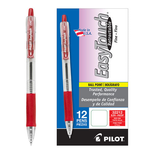 Pilot® wholesale. Easytouch Retractable Ballpoint Pen, Fine 0.7mm, Red Ink, Clear Barrel, Dozen. HSD Wholesale: Janitorial Supplies, Breakroom Supplies, Office Supplies.