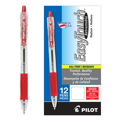 Pilot® wholesale. Easytouch Retractable Ballpoint Pen, Medium 1mm, Red Ink, Clear Barrel, Dozen. HSD Wholesale: Janitorial Supplies, Breakroom Supplies, Office Supplies.