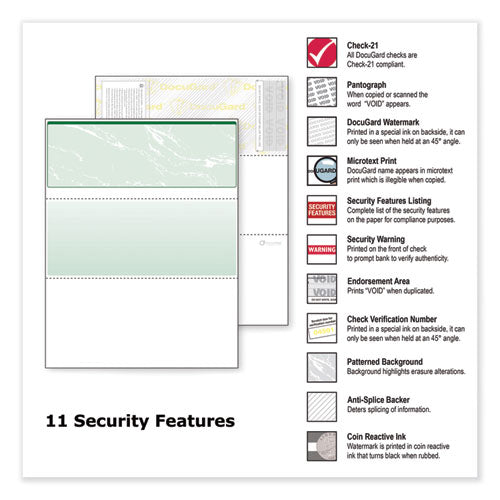 DocuGard™ wholesale. Standard Security Check, 11 Features, 8.5 X 11, Green Marble Top, 500-ream. HSD Wholesale: Janitorial Supplies, Breakroom Supplies, Office Supplies.