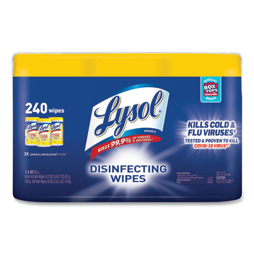 LYSOL® Brand wholesale. LYSOL Disinfecting Wipes, 7 X 7.25, Lemon And Lime Blossom, 80 Wipes-canister, 3 Canisters-pack, 2 Packs-carton. HSD Wholesale: Janitorial Supplies, Breakroom Supplies, Office Supplies.