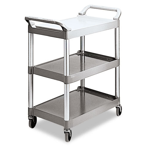 Rubbermaid® Commercial wholesale. Rubbermaid® Economy Plastic Cart, Three-shelf, 18.63w X 33.63d X 37.75h, Platinum. HSD Wholesale: Janitorial Supplies, Breakroom Supplies, Office Supplies.