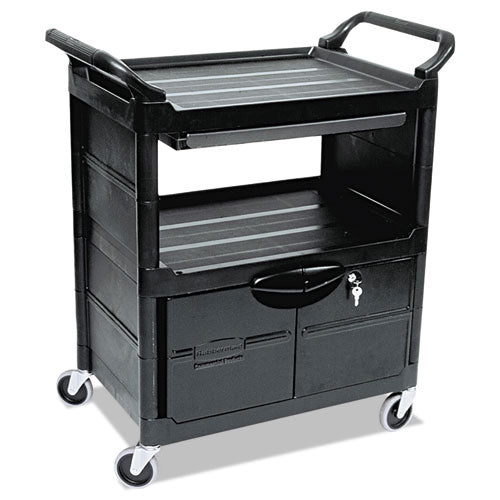 Rubbermaid® Commercial wholesale. Rubbermaid® Utility Cart With Locking Doors, Two-shelf, 33.63w X 18.63d X 37.75h, Black. HSD Wholesale: Janitorial Supplies, Breakroom Supplies, Office Supplies.
