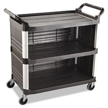 Load image into Gallery viewer, Rubbermaid® Commercial wholesale. Rubbermaid® Xtra Utility Cart, 300-lb Capacity, Three-shelf, 20w X 40.63d X 37.8h, Black. HSD Wholesale: Janitorial Supplies, Breakroom Supplies, Office Supplies.