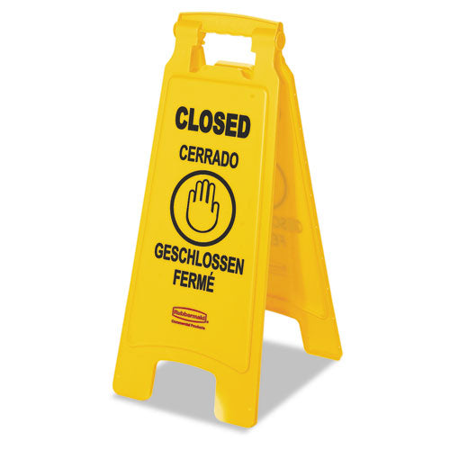 Rubbermaid® Commercial wholesale. Rubbermaid® Multilingual "closed" Sign, 2-sided, Plastic, 11w X 12d X 25h, Yellow. HSD Wholesale: Janitorial Supplies, Breakroom Supplies, Office Supplies.