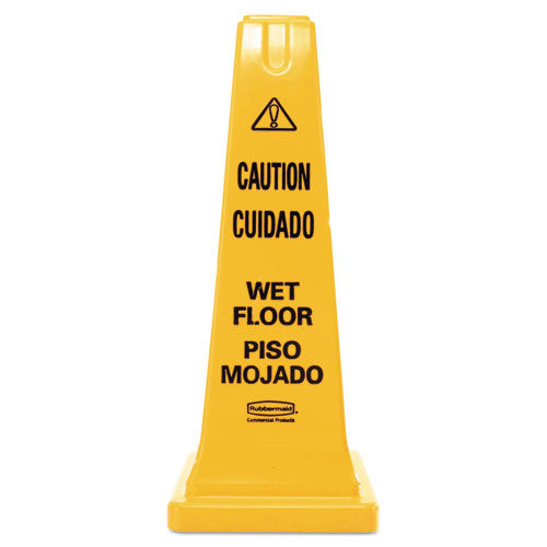 Rubbermaid® Commercial wholesale. Rubbermaid® Four-sided Caution, Wet Floor Safety Cone, 10 1-2w X 10 1-2d X 25 5-8h, Yellow. HSD Wholesale: Janitorial Supplies, Breakroom Supplies, Office Supplies.