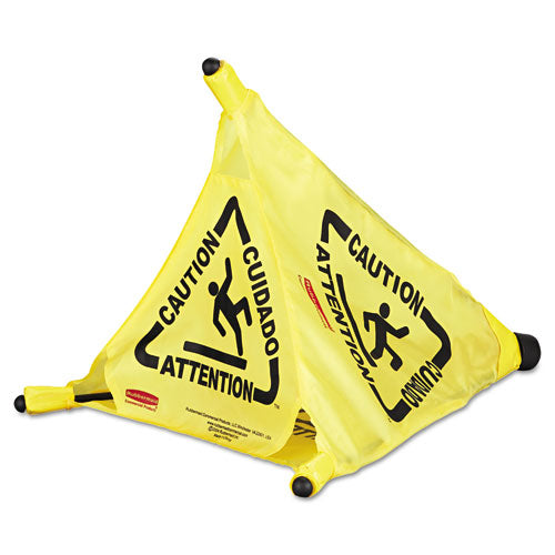 Rubbermaid® Commercial wholesale. Rubbermaid® Multilingual "caution" Pop-up Safety Cone, 3-sided, Fabric, 21 X 21 X 20, Yellow. HSD Wholesale: Janitorial Supplies, Breakroom Supplies, Office Supplies.