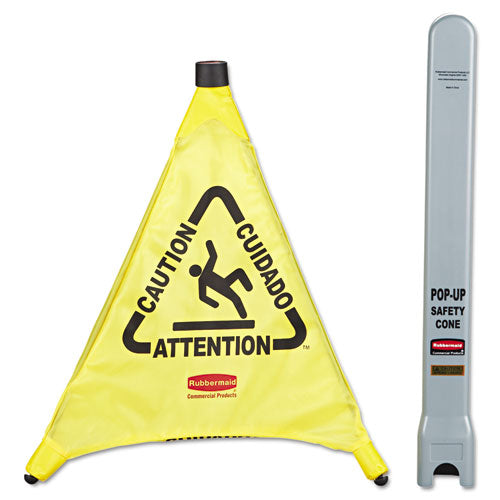 Rubbermaid® Commercial wholesale. Rubbermaid® Multilingual "caution" Pop-up Safety Cone, 3-sided, Fabric, 21 X 21 X 20, Yellow. HSD Wholesale: Janitorial Supplies, Breakroom Supplies, Office Supplies.