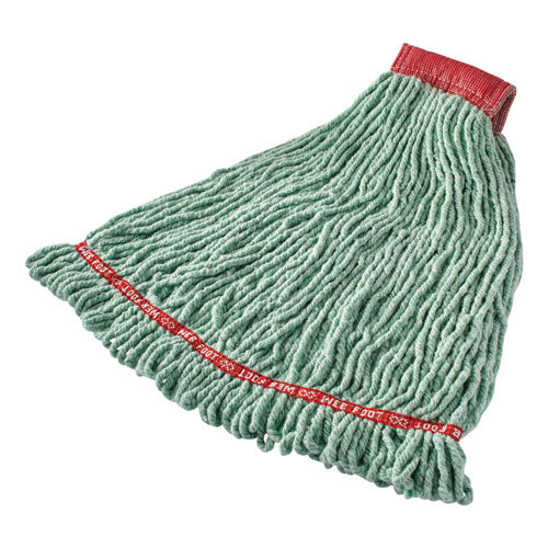 Rubbermaid® Commercial wholesale. Rubbermaid® Web Foot Shrinkless Looped-end Wet Mop Head, Cotton-synthetic, Large, Green, 5" Red Headband. HSD Wholesale: Janitorial Supplies, Breakroom Supplies, Office Supplies.