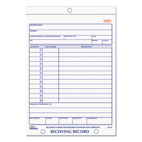 Rediform® wholesale. Receiving Record Book, 5 9-16 X 7 15-16, Two-part Carbonless, 50 Sets-book. HSD Wholesale: Janitorial Supplies, Breakroom Supplies, Office Supplies.