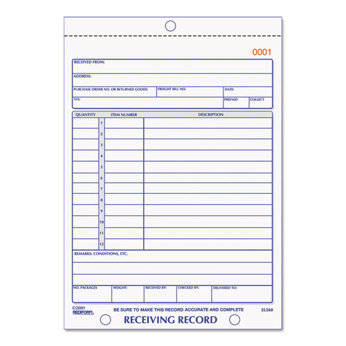 Rediform® wholesale. Receiving Record Book, 5 9-16 X 7 15-16, Three-part Carbonless, 50 Sets-book. HSD Wholesale: Janitorial Supplies, Breakroom Supplies, Office Supplies.