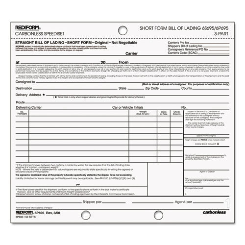 Rediform® wholesale. Bill Of Lading, Short Form, 7 X 8 1-2, Three-part, 50 Loose Form Sets-pack. HSD Wholesale: Janitorial Supplies, Breakroom Supplies, Office Supplies.