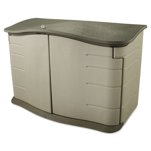 Rubbermaid® wholesale. Rubbermaid® Horizontal Outdoor Storage Shed, 55 X 28 X 36, 20 Cu Ft, Olive Green-sandstone. HSD Wholesale: Janitorial Supplies, Breakroom Supplies, Office Supplies.