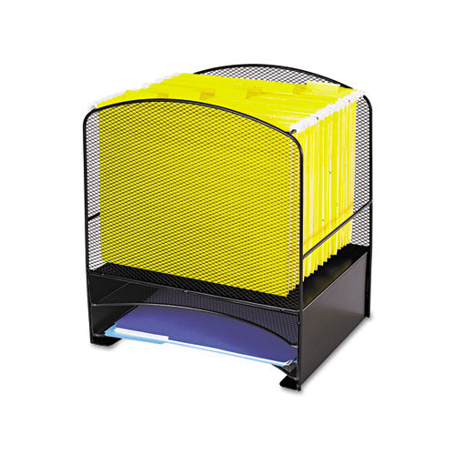 Safco® wholesale. SAFCO Onyx Mesh Desktop Hanging File With Two Horizontal Trays, 3 Sections, Letter Size, 10.75" Long, Black. HSD Wholesale: Janitorial Supplies, Breakroom Supplies, Office Supplies.