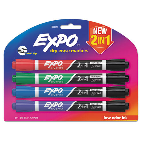 EXPO® wholesale. 2-in-1 Dry Erase Markers, Broad-fine Chisel Tip, Assorted Colors, 4-pack. HSD Wholesale: Janitorial Supplies, Breakroom Supplies, Office Supplies.