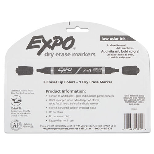 EXPO® wholesale. 2-in-1 Dry Erase Markers, Broad-fine Chisel Tip, Assorted Colors, 4-pack. HSD Wholesale: Janitorial Supplies, Breakroom Supplies, Office Supplies.