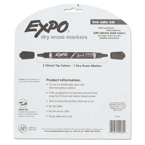 EXPO® wholesale. 2-in-1 Dry Erase Markers, Broad-fine Chisel Tip, Assorted Colors, 8-pack. HSD Wholesale: Janitorial Supplies, Breakroom Supplies, Office Supplies.