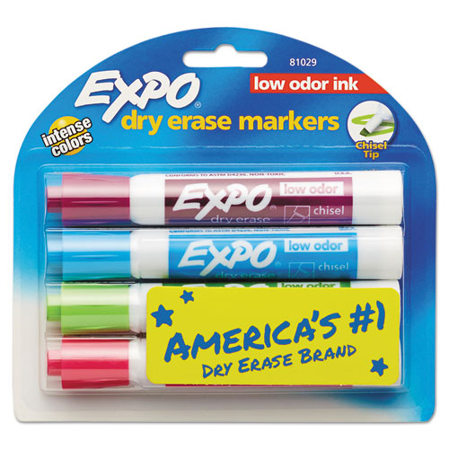 EXPO® wholesale. Low-odor Dry-erase Marker, Broad Chisel Tip, Assorted Colors, 4-set. HSD Wholesale: Janitorial Supplies, Breakroom Supplies, Office Supplies.