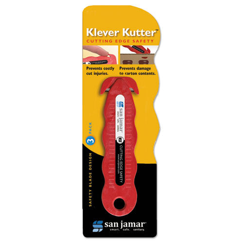 San Jamar® wholesale. San Jamar® Klever Kutter Safety Cutter, 3 Razor Blades, Red. HSD Wholesale: Janitorial Supplies, Breakroom Supplies, Office Supplies.