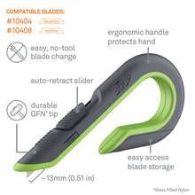 Load image into Gallery viewer, slice® wholesale. Box Cutters, Double Sided, Replaceable, Stainless Steel, Gray, Green. HSD Wholesale: Janitorial Supplies, Breakroom Supplies, Office Supplies.