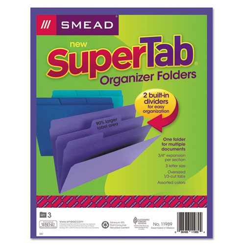 Smead® wholesale. Supertab Organizer Folder, 1-3-cut Tabs, Letter Size, Assorted, 3-pack. HSD Wholesale: Janitorial Supplies, Breakroom Supplies, Office Supplies.