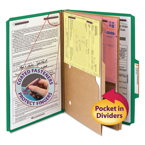 Smead® wholesale. 6-section Pressboard Top Tab Pocket-style Classification Folders With Safeshield Fasteners, 2 Dividers, Legal, Green, 10-bx. HSD Wholesale: Janitorial Supplies, Breakroom Supplies, Office Supplies.