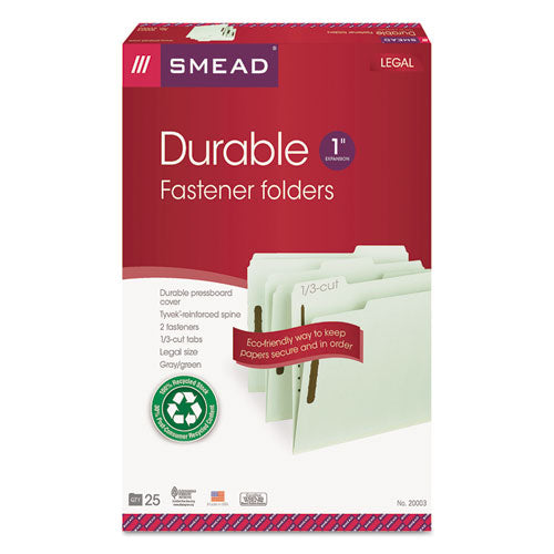 Smead® wholesale. 100% Recycled Pressboard Fastener Folders, Legal Size, Gray-green, 25-box. HSD Wholesale: Janitorial Supplies, Breakroom Supplies, Office Supplies.